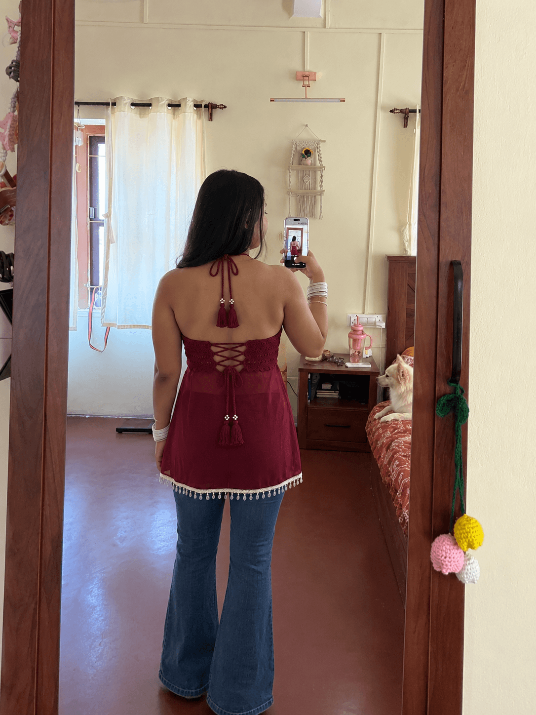 Crochet Top 2 burgundy halter-style crochet top, back view
